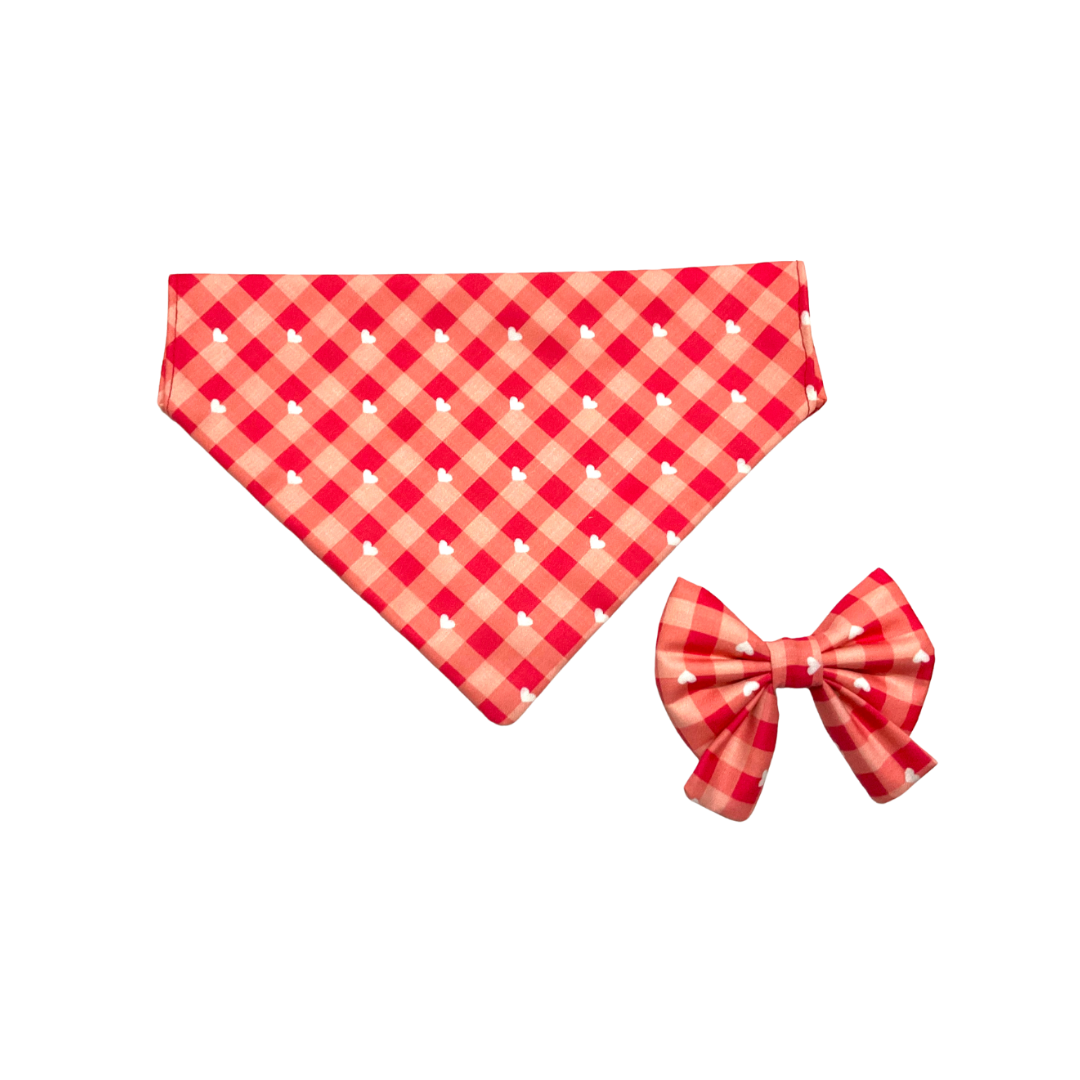 Red Plaid Style Sailor Bow And Bandana - Dog Combo